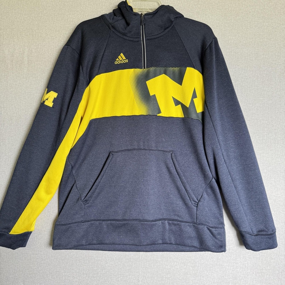 Michigan Wolverines Hoodie Mens Medium Blue NCAA Adidas Quarter Zip Pullover‎